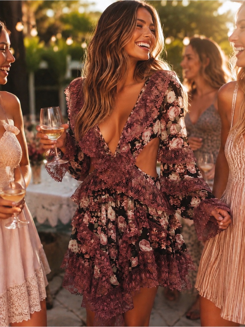 Cutout Floral Lace Mini Dress in Mauve Pink